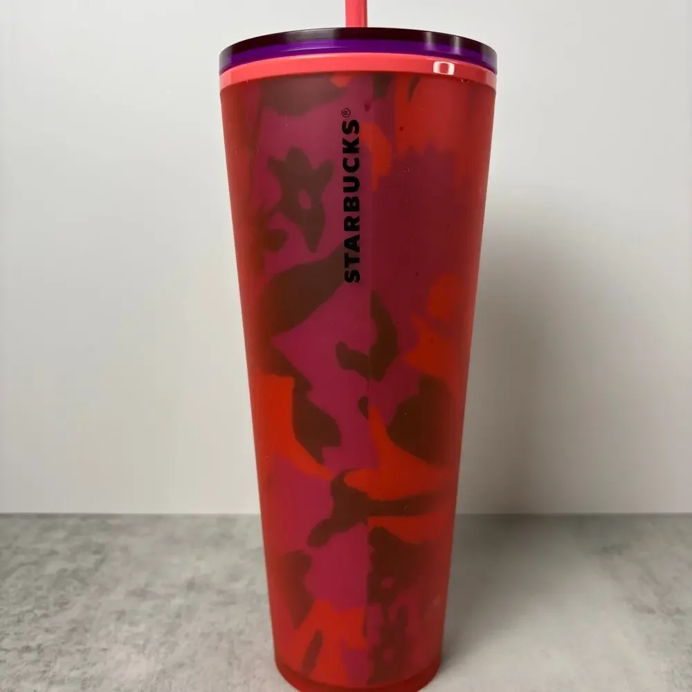 Starbucks 2022 Spring Red Floral Soft Touch Venti Cold Cup Tumbler 24 oz Matte
